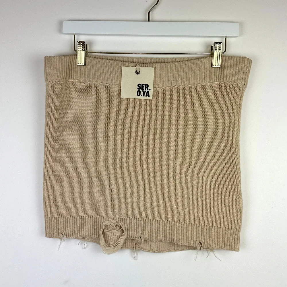 SER.O.YA Arola Skirt Rib Knit Cappuccino Beige Pull On Cotton Distressed XL NWT